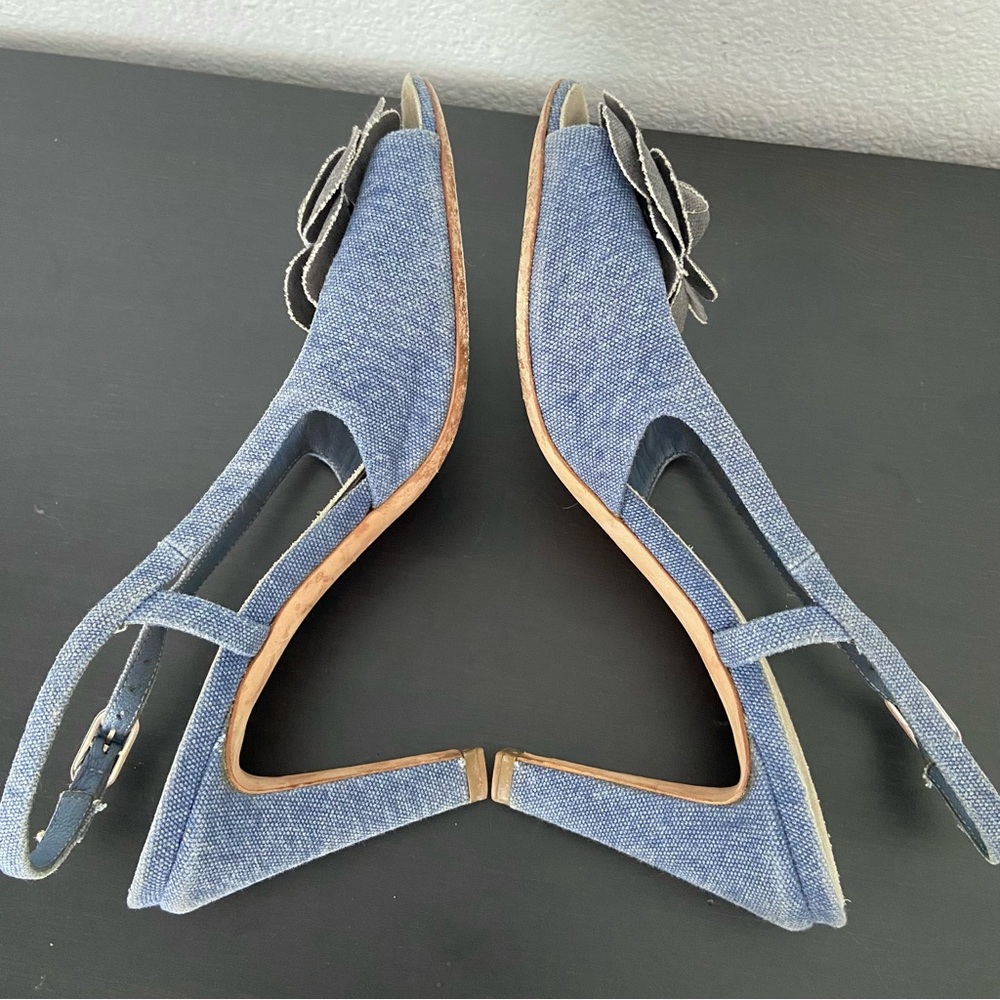 CHANEL Denim Camellia CC Logo Sandals Heels Open Toe Slingback 37.5 - Picture 6 of 16